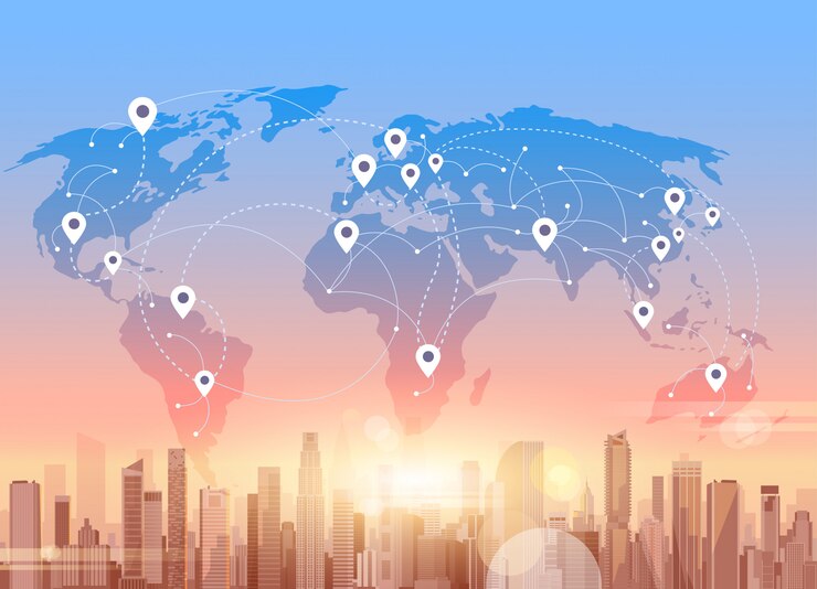 Vecteur réseaux sociaux communication connexion réseau internet ville gratte-ciel voir fond de carte du monde