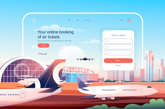 réservation en ligne à l'illustration vectorielle du modèle de page de destination des billets d'avion