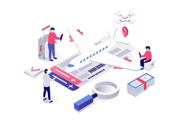 Réservation de vol 3d concept isométrique en géométrie conception graphique pour le web Les gens avec des bagages partent en vacances à la recherche et à l'achat de billets d'avion par Internet ou en utilisant une application Illustration vectorielle