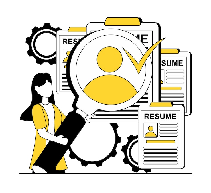 Vecteur les ressources humaines la fille regarde le cv à travers une loupe