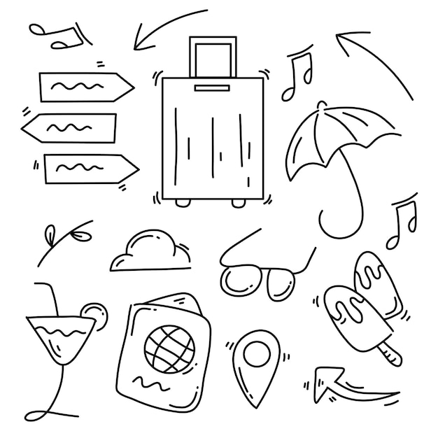 ressources de voyage doodle set vector design