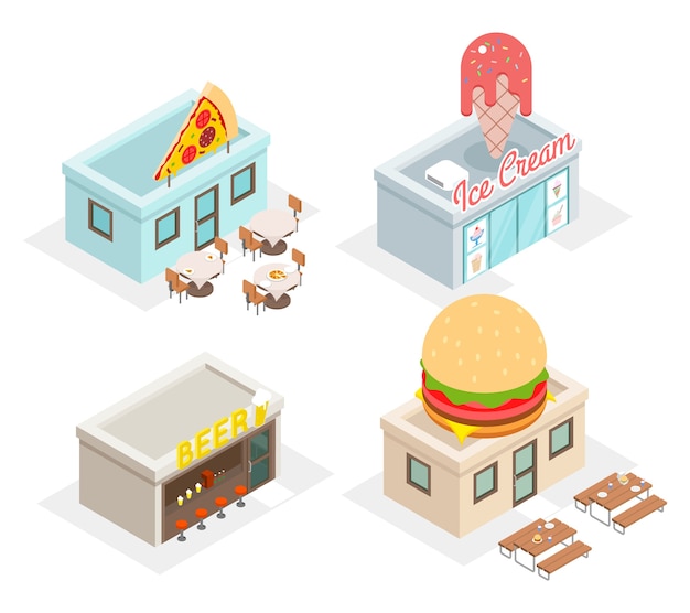 Vecteur restaurant, cafés et magasins de restauration rapide en vue isométrique