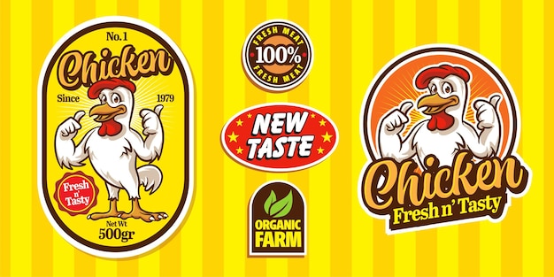 Vecteur restauration rapide de dessin animé rétro avec mascotte de poulet et de coq