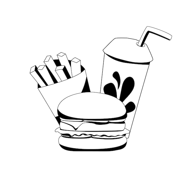 Restauration Rapide, Illustration Plate, Pommes De Terre, Soda, Hamburger, Dessin Au Trait Noir Et Blanc