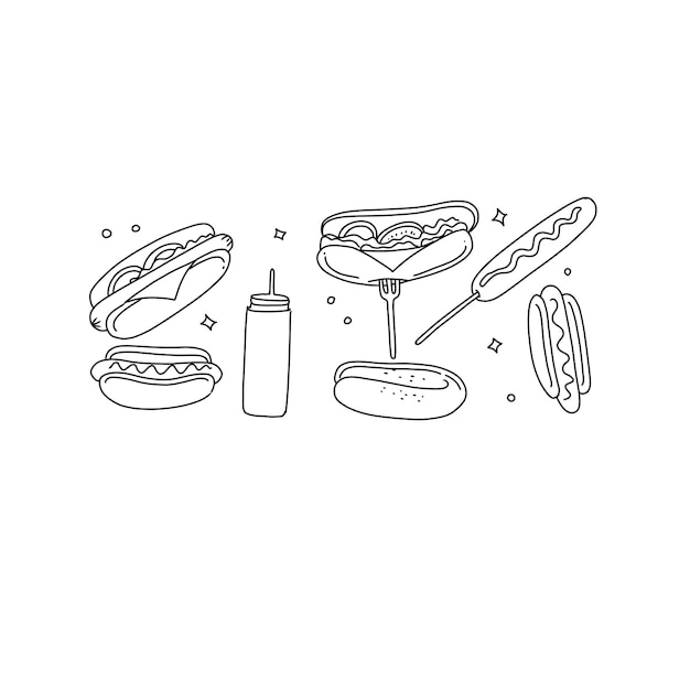 Restauration Rapide Sandwich Malbouffe Dessinés à La Main Doodle Illustrations Vectorielles Ensemble