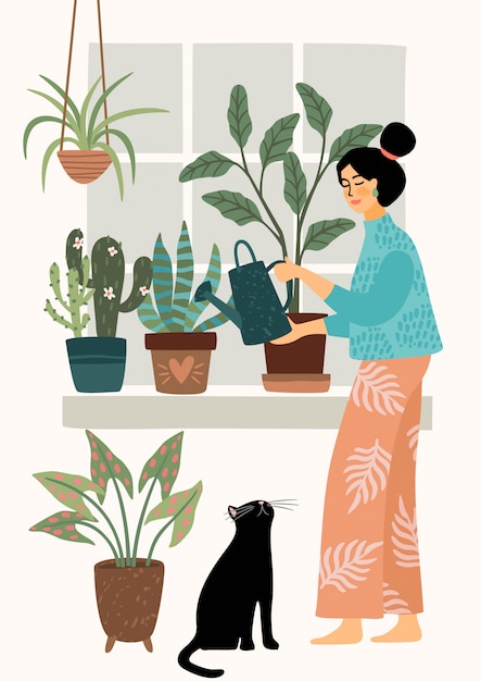 Reste à la maison. Arrosage femme plante d'intérieur. illustration.