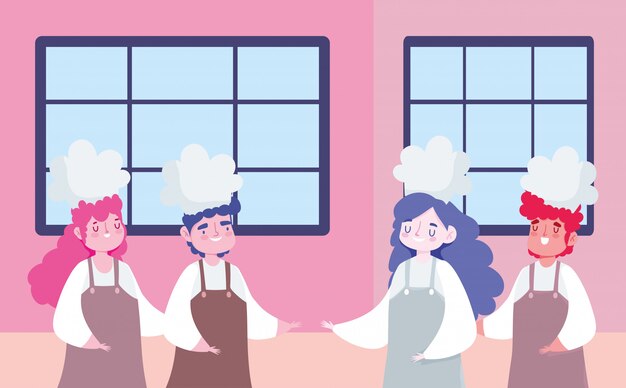 Rester à La Maison, Dessin Animé De Personnage De Chefs Féminins Et Masculins, Cuisine