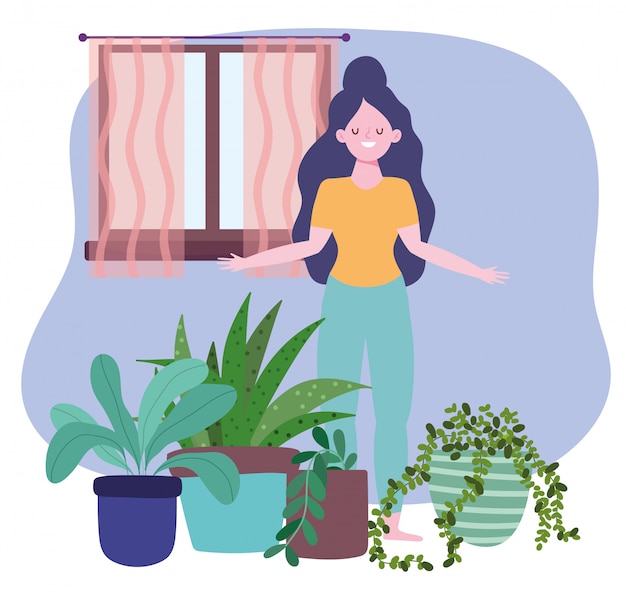 Rester à La Maison, Fille Avec Décoration De Plantes D'intérieur