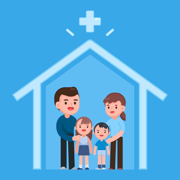 Vecteur rester à la maison rester en sécurité, famille avec enfants, protéger contre le nouveau coronavirus covid-2019. mise en quarantaine à domicile, illustration.