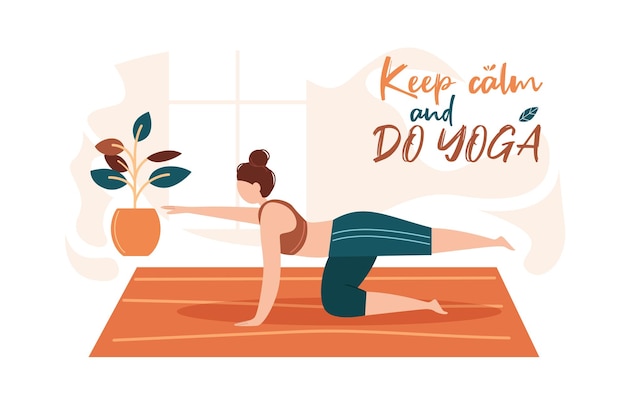 Restez calme et faites du yoga Yoga à la maison Faites du sport à la maison Bannière d'illustration vectorielle plate