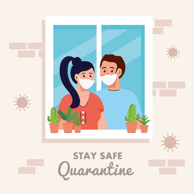Restez à la maison, mise en quarantaine ou auto-isolement, façade de maison avec fenêtre et couple regarde hors de la maison, concept de quarantaine en sécurité.