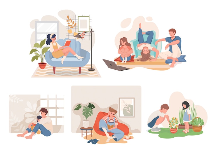 Vecteur restez à la maison et passez du temps en famille