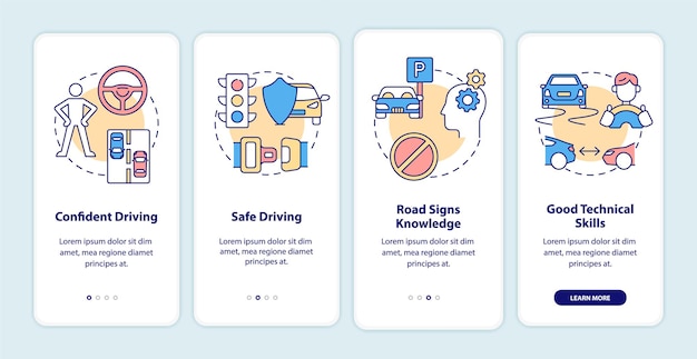 Résultats Du Cours De Conduite Dans L'écran De La Page De L'application Mobile. Procédure Pas à Pas Pour Le Permis De Conduire Instructions Graphiques En 4 étapes Avec Concepts. Modèle Vectoriel Ui, Ux, Gui Avec Illustrations En Couleurs Linéaires