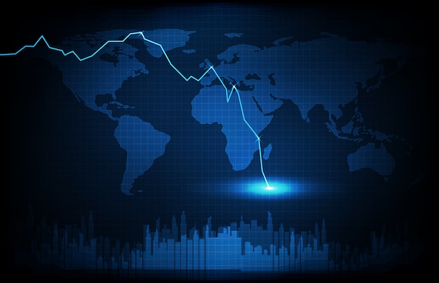 Résumé Historique De La Technologie Futuriste Cartes Du Monde Bleu Et Crise économique Vers Le Bas Du Graphique Boursier