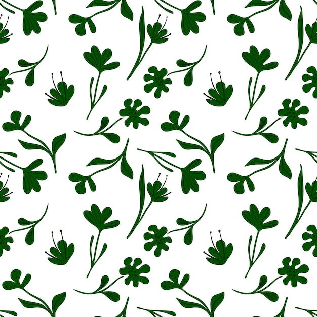 Résumé petit motif floral sans couture sur fond blanc Prairie de fleurs vertes dans un style doodle