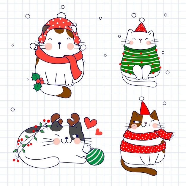 Résumé de vecteur dessiné à la main illustration de dessin animé joyeux Noël temps avec des personnages de chat mignon sur pas