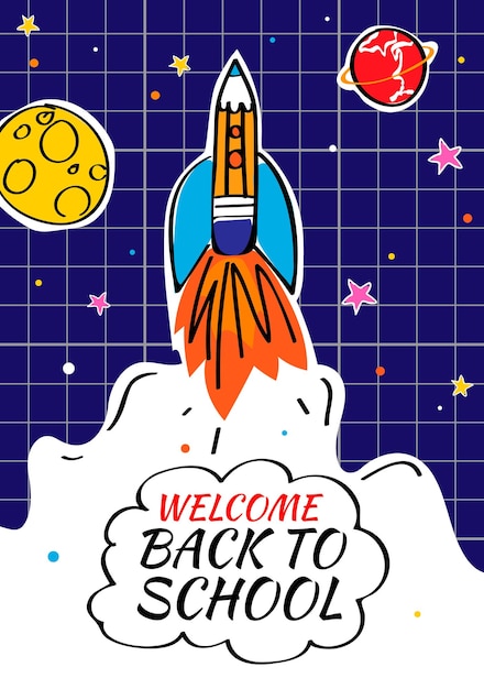 Retour à L'affiche De L'école Avec Fusée Doodles Et Fond De L'espace Illustration Vectorielle