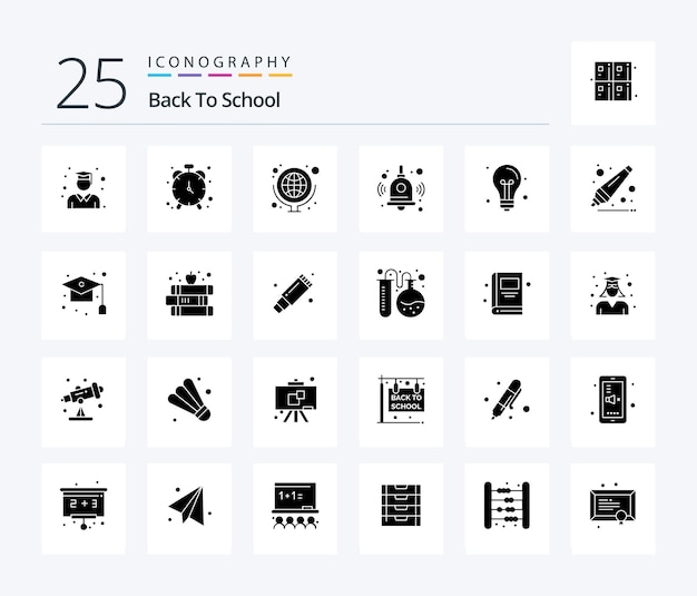 Retour à L'école 25 Pack D'icônes Solid Glyph Comprenant L'éducation Retour à L'école Cloche De Géographie Retour à L'école