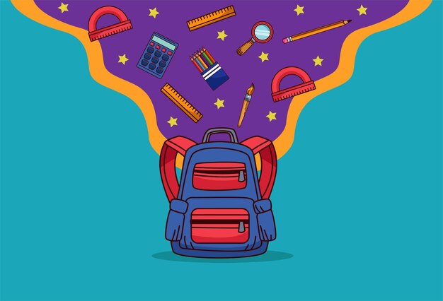 Vecteur retour à l'école avec cartable et fournitures