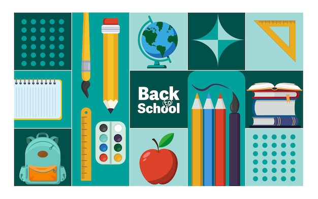 Vecteur retour à l'école concept de vente bienvenue à l'école modèle d'affiche avec des objets scolaires placés en carré