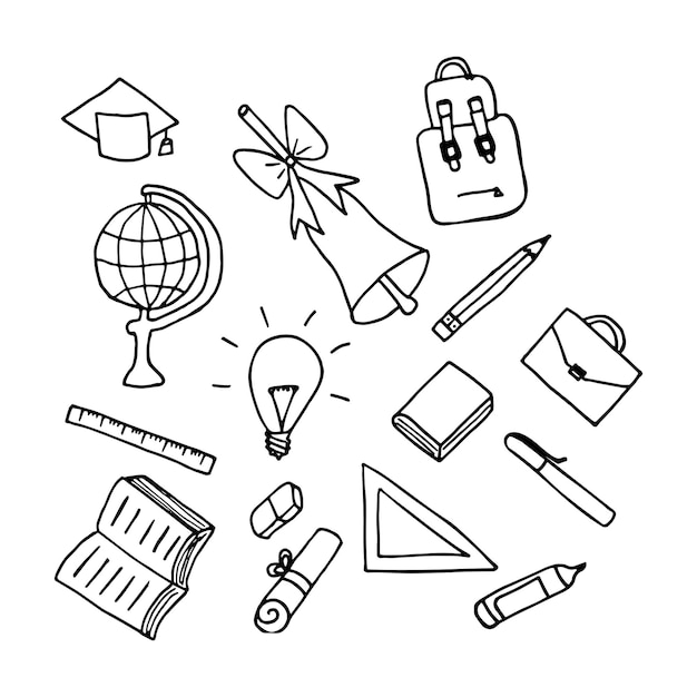 Vecteur retour à l'école doodle. arrière-plan dessiné à la main avec des fournitures scolaires et des éléments créatifs. illustration vectorielle.