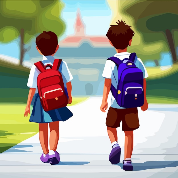 Vecteur retour à l'école illustration vectorielle fond heureux petit garçon et fille va à l'école pour le
