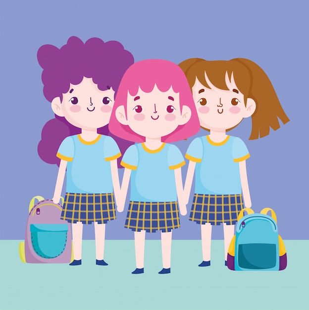 Retour à L'école, Mignonnes Petites Filles Avec Dessin Animé De L'éducation élémentaire Uniforme Et Sacs à Dos