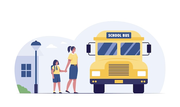 Retour à L'école Petite Fille Avec Professeur Attendant Le Bus à L'arrêt De Bus