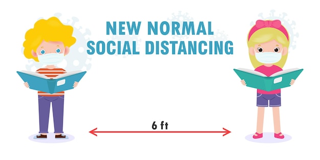 Vecteur retour à l'école pour un nouveau concept de mode de vie normal, la distance sociale