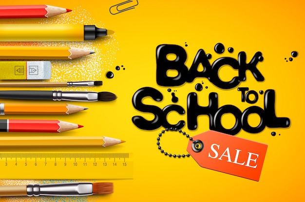 Retour à l'école Vente, affiche et bannière avec des crayons colorés et des éléments pour la promotion du marketing de détail et l'éducation liée. illustration.