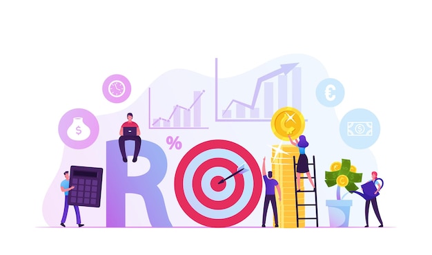 Retour sur investissement, retour sur investissement, analyse du marché et des finances et concept de croissance. Illustration plate de dessin animé