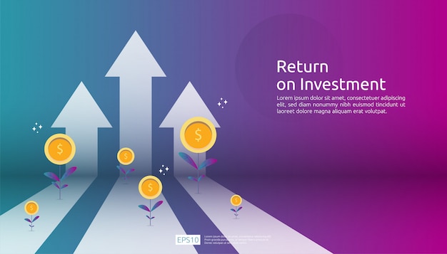 Retour Sur Investissement Retour Sur Investissement, Concept De Rentabilité. Croissance De L'entreprise Flèches Au Succès. Flèche Avec Des Pièces En Dollars, Graphique Et Graphique En Augmentation.