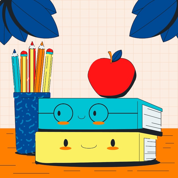 Retour Plat à L'illustration De L'école Avec Pile De Livres Et Pomme