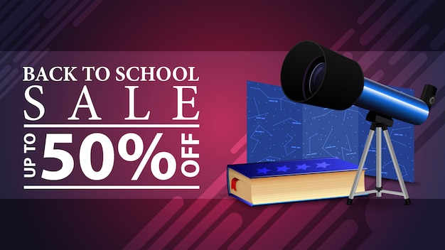 Retour à La Vente De L'école, Bannière Web Discount Dans Un Style Moderne Avec Télescope