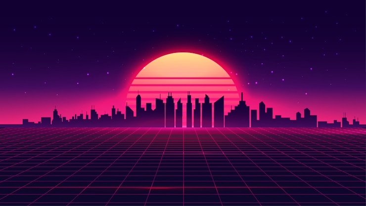 Vecteur rétro futuriste synthwave rétro-ondes style paysage urbain de nuit avec coucher de soleil sur fond.