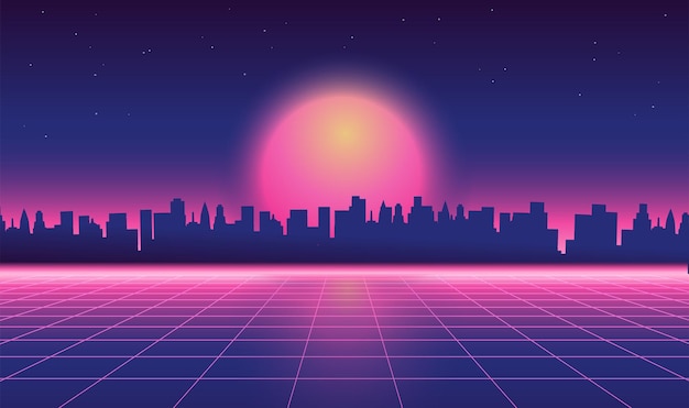 Retro Futuriste Synthwave Retrowave S Stylé Paysage Urbain Nocturne Avec Grand Coucher De Soleil Sur La Couverture De Fond Ou