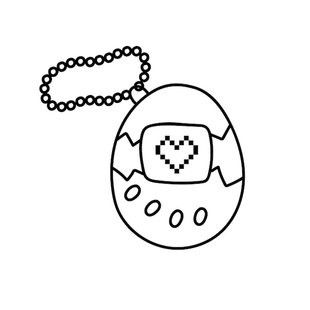 Vecteur retro, hippie, tamagotchi, main, dessiné, gentil, nostalgique, vendange, griffonnage, style, revêtir art, conception, élément, vecteur, noir blanc, illustration, isolé, blanc, fond clipart