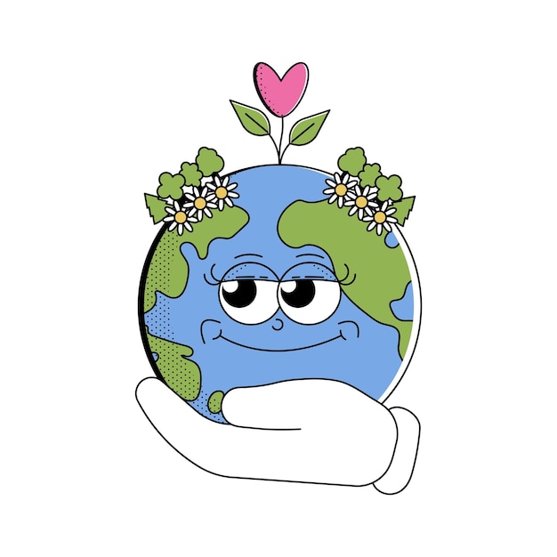 Rétro Personnage De Terre Dessin Animé Style Groovy Autocollant Globe Funky Avec Sourire Psychédélique Visage Jour De La Terre Ou Journée Mondiale De L'environnement Illustration Vectorielle Sur Fond Blanc