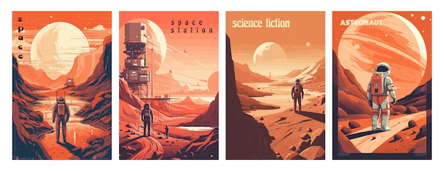 Rétro science-fiction une scène d'exploration spatiale sur Mars et un ensemble d'affiches d'illustration d'astronautes