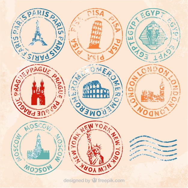 Rétro sélection de timbres de villes avec différentes couleurs