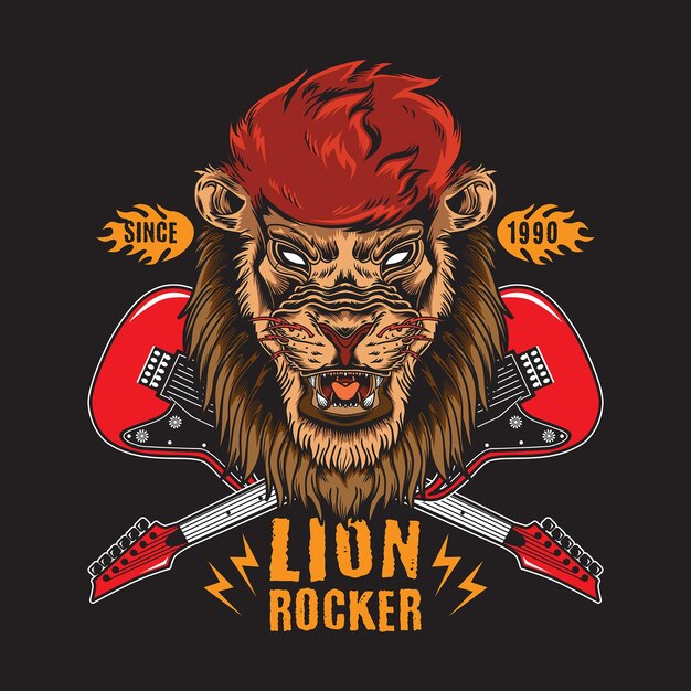 Retro Vintage Lion Rock N Roll Avec Illustration De Guitare Croisée