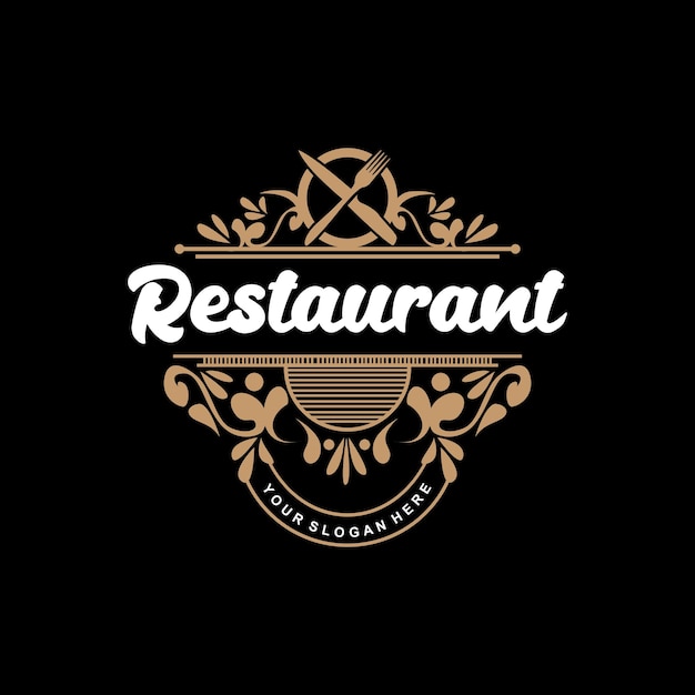 Rétro Vintage Style Ornement Design Logo Rétro Restaurant Typographie Emblème Vecteur Ligne Simple Élégant Fourchette Cuillère Et Couteau