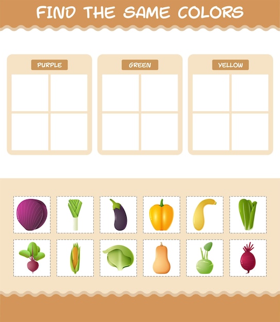 Retrouver les mêmes couleurs de légumes. Jeu de recherche et d'association. Jeu éducatif pour les enfants et les tout-petits de la maternelle