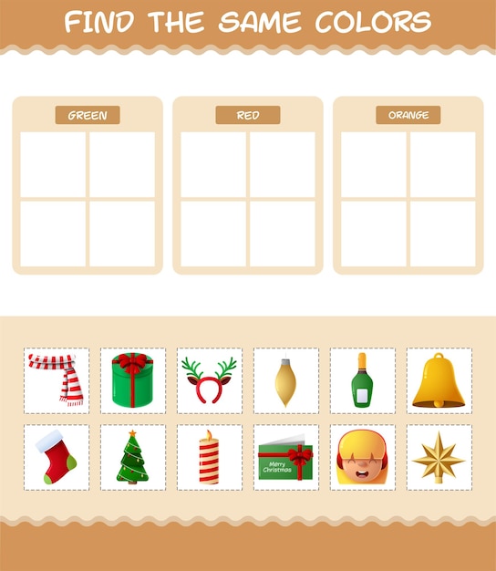 Retrouvez les mêmes couleurs de Noël. Jeu de recherche et d'association. Jeu éducatif pour les enfants et les tout-petits de la maternelle