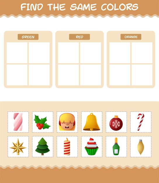 Retrouvez les mêmes couleurs de Noël. Jeu de recherche et d'association. Jeu éducatif pour les enfants et les tout-petits de la maternelle