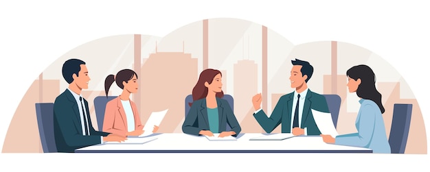 Réunion d'affaires avec l'équipe discutant à une table Illustration vectorielle