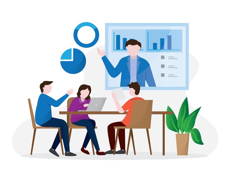 Vecteur réunion d'affaires de personnes avec apprentissage vidéo en ligne ou réunion en ligne avec dessin animé de téléconférence