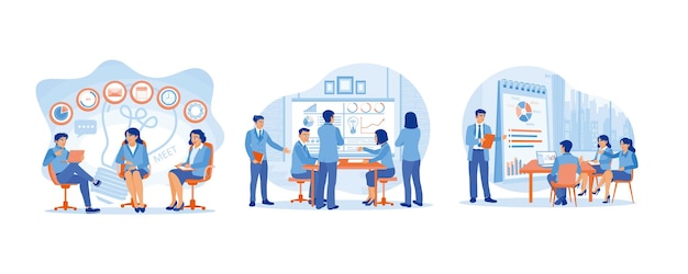 Réunion entre le manager et l'équipe d'affaires Créer et discuter des concepts de travail d'équipe Discuter et échanger des idées les uns avec les autres Concept de réunion d'affaires Définir une illustration vectorielle plate
