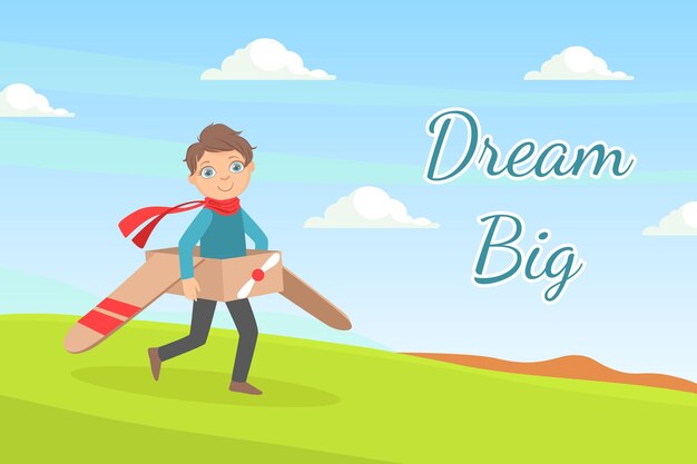 Rêve une grande bannière un garçon mignon rêveur jouant avec une illustration vectorielle d'avion en carton