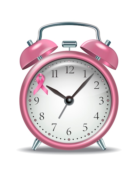 Réveil rose avec ruban rose sur le cadran de l'horloge. Concept de sensibilisation au cancer du sein et de soutien social. Symbole du mois mondial de lutte contre le cancer du sein.